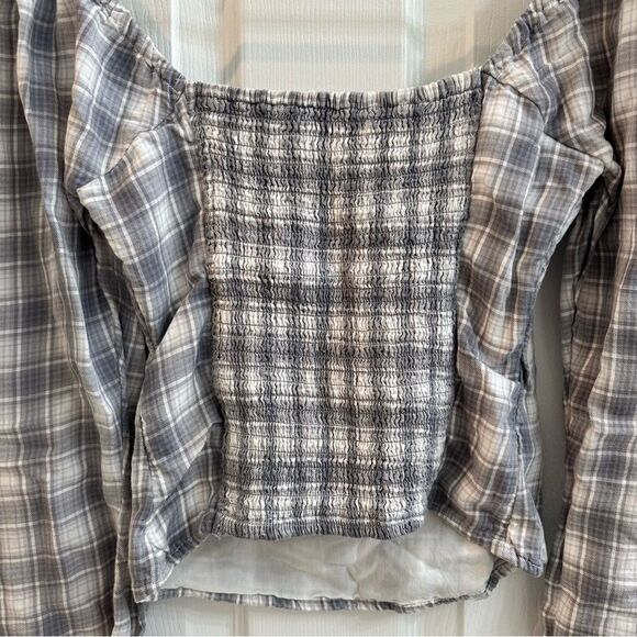 Abercrombie & Fitch plaid square neck puffy sleeve shirred back blouse size XS - Picture 8 of 9